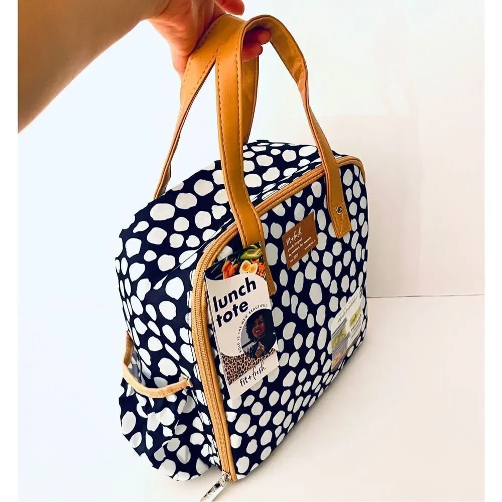 NWT Fit & Fresh 3 Pieces Insulated White Navy Tan  Lunch Bag & 2 Food Containers